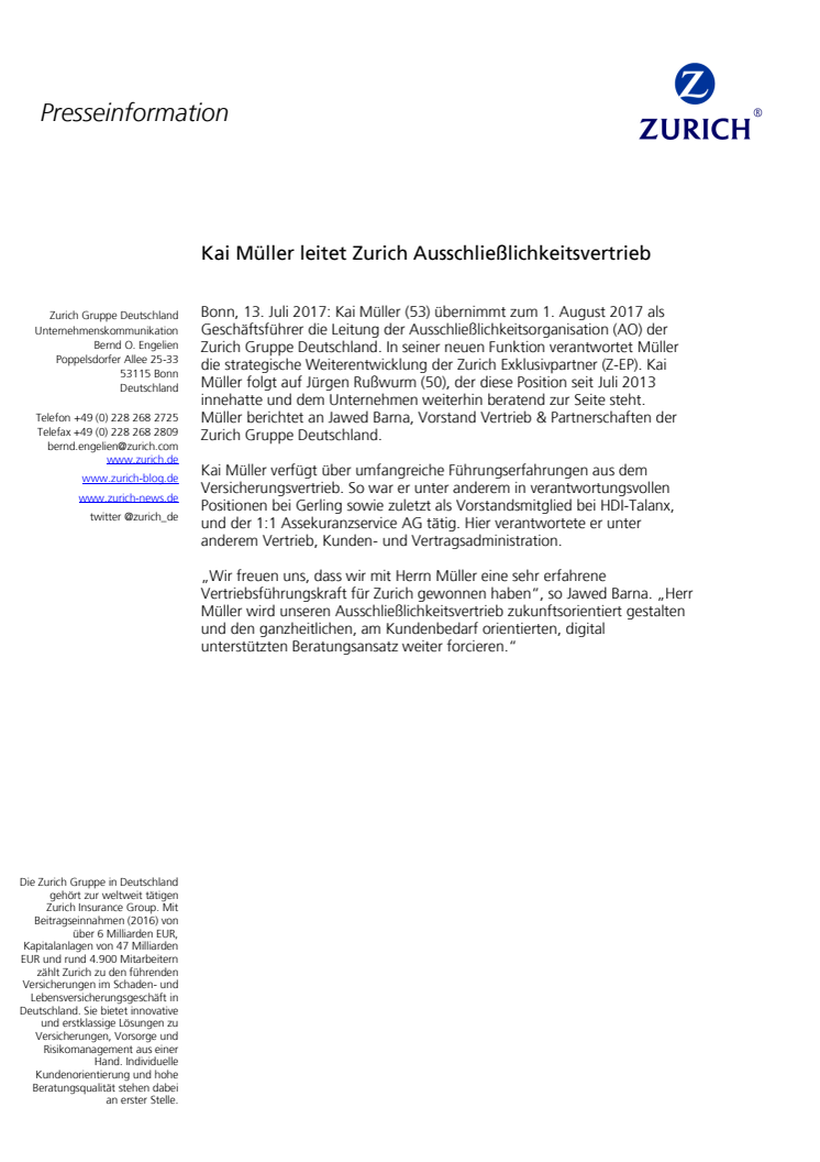 Kai Müller leitet Zurich Ausschließlichkeitsvertrieb