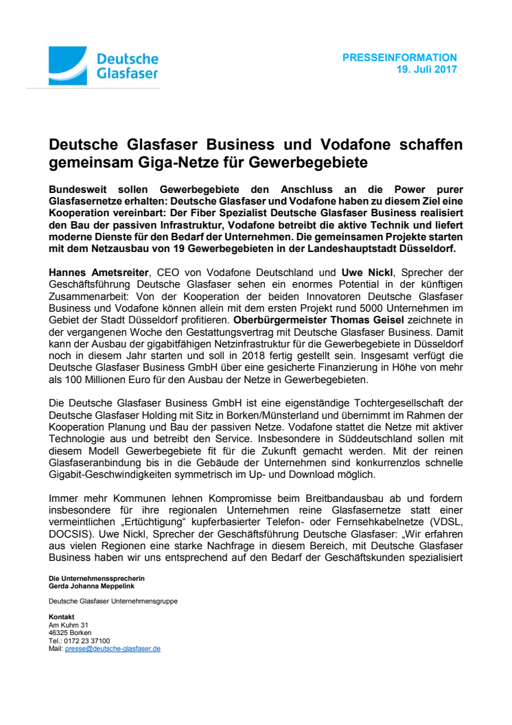Deutsche Glasfaser Business und Vodafone schaffen gemeinsam Giga-Netze für Gewerbegebiete