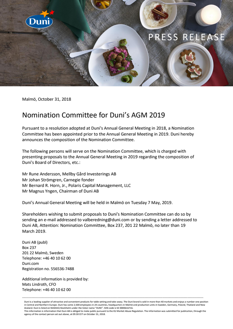 Nomination Committee for Duni’s AGM 2019