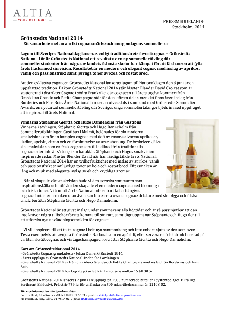 Grönstedts National 2014 - ett samarbete mellan anrikt cognacsmärke och morgondagens sommelierer