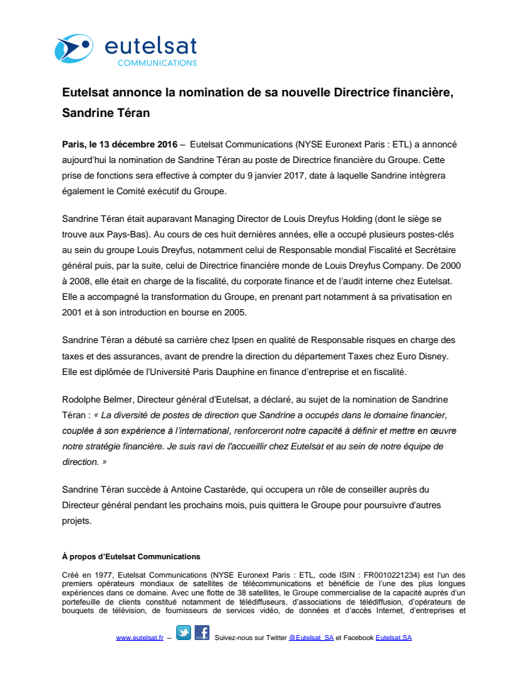 Eutelsat annonce la nomination de sa nouvelle Directrice financière, Sandrine Téran