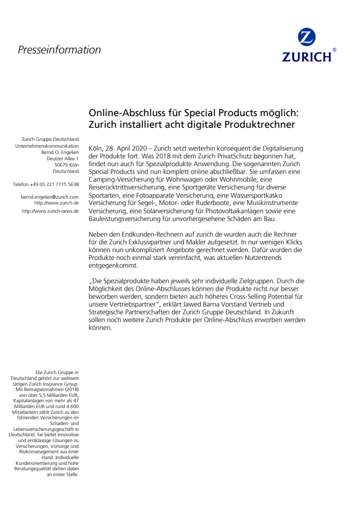 Online-Abschluss für Special Products möglich: Zurich installiert acht digitale Produktrechner