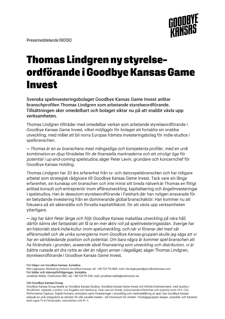 Thomas Lindgren ny styrelseordförande i Goodbye Kansas Game Invest