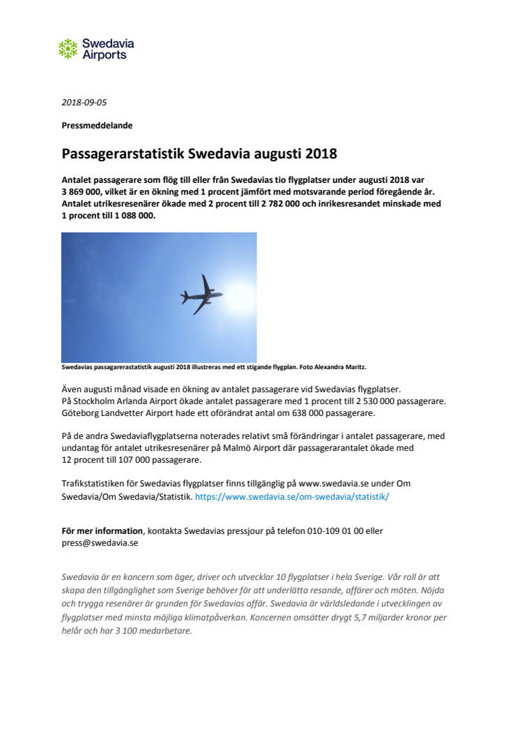 Passagerarstatistik Swedavia augusti 2018