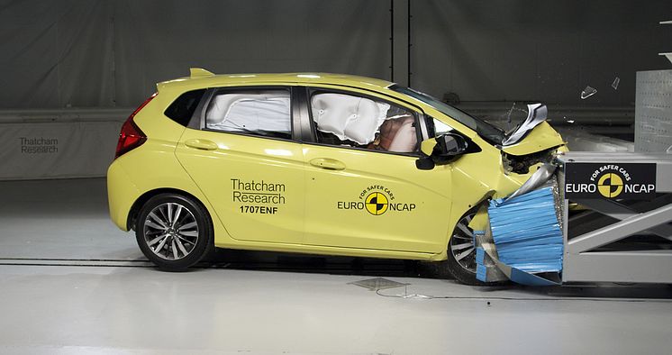 Euro NCAP 20th - the current Honda Jazz during a 40mph frontal offset test in the Thatcham Research Crash Lab