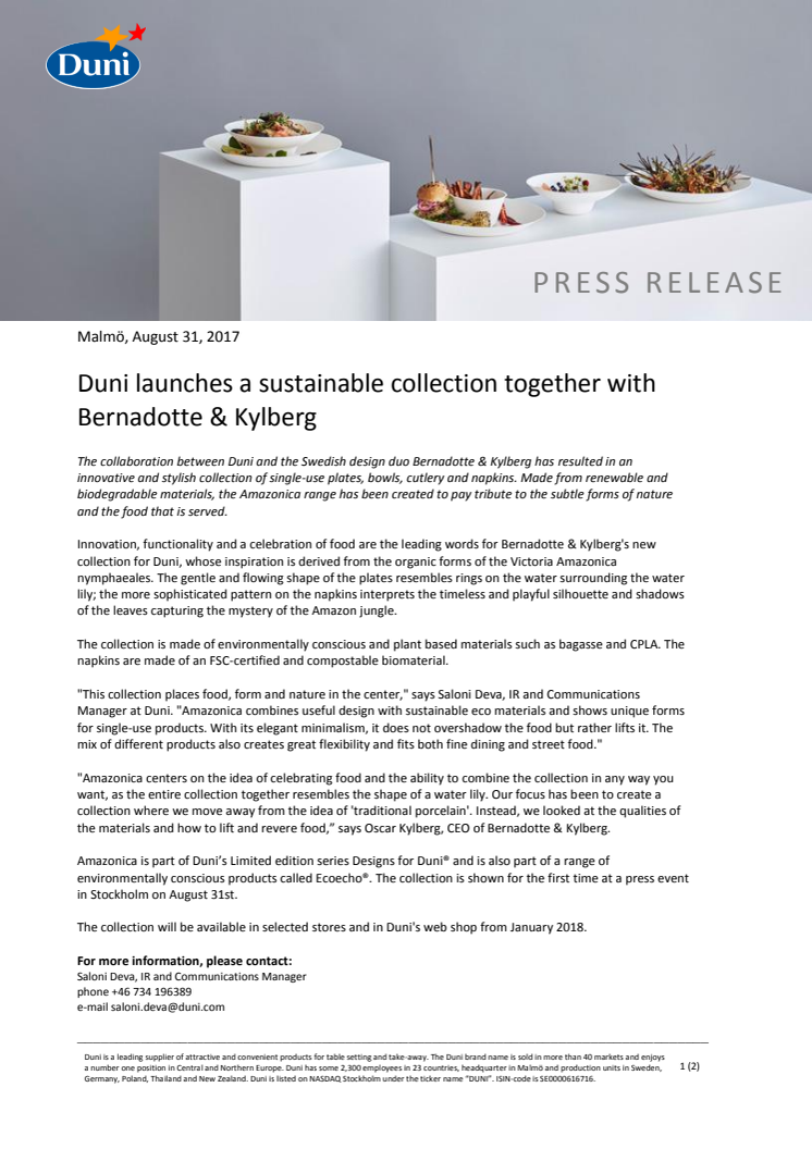 Duni launches a sustainable collection together with Bernadotte & Kylberg