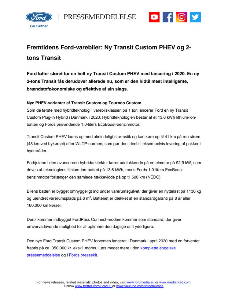Fremtidens Ford-varebiler: Ny Transit Custom PHEV og 2-tons Transit