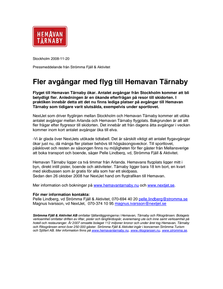 Fler avgångar med flyg till Hemavan Tärnaby
