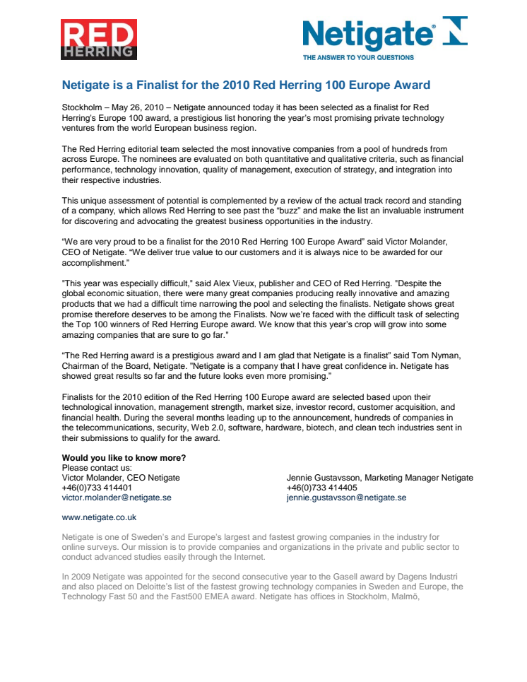 Netigate är finalist i utmärkelsen för 2010 års Red Herring 100 Europe.