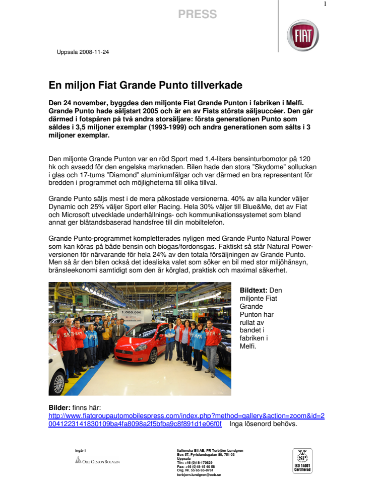 En miljon Fiat Grande Punto tillverkade
