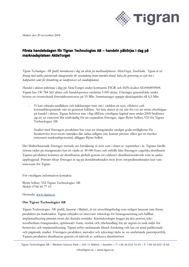 Första handelsdagen för Tigran Technologies AB – handeln påbörjas i dag på marknadsplatsen AktieTorget 