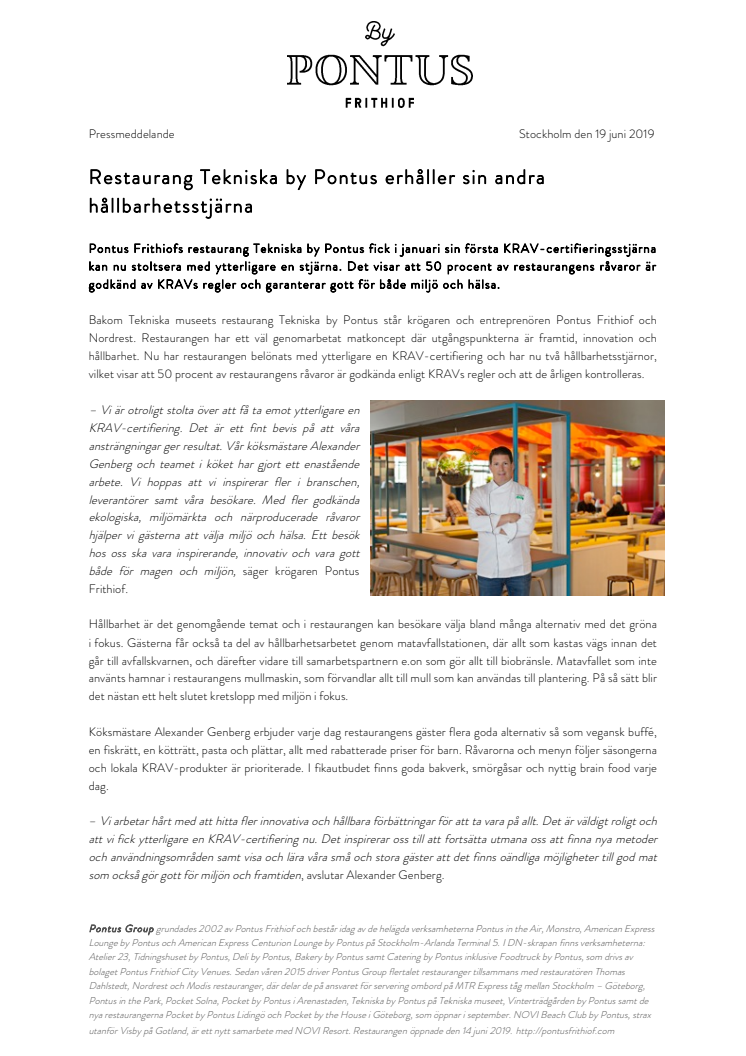 Restaurang Tekniska by Pontus erhåller sin andra hållbarhetsstjärna