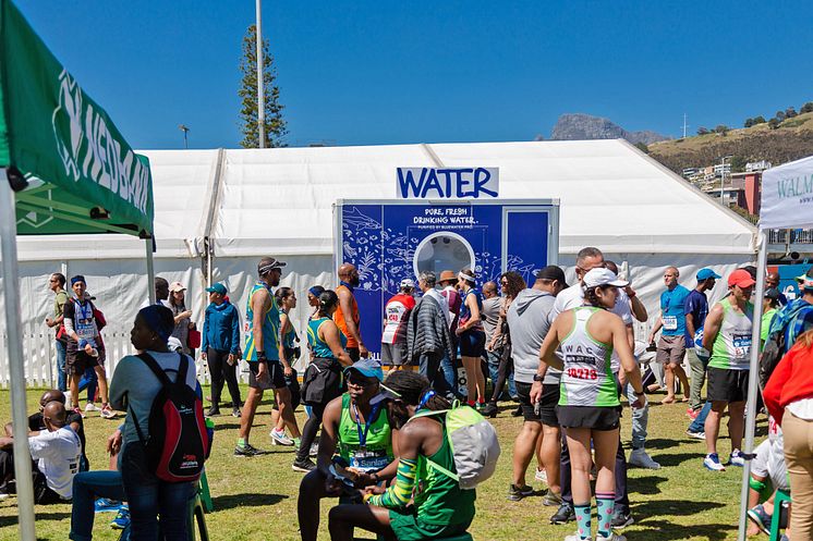 A Bluewater hydration station shows how human ingenuity can solve a water scarcity problem by turning non-potable water into pristine drinking water at the Cape Town marathon