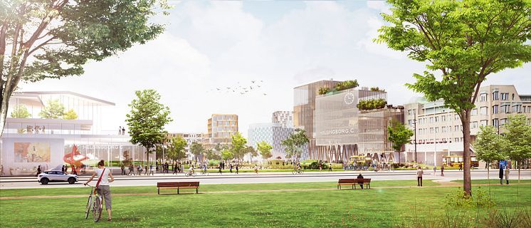 Framtidens Helsingborg C - med planerad bebyggelse, vy från Stadsparken