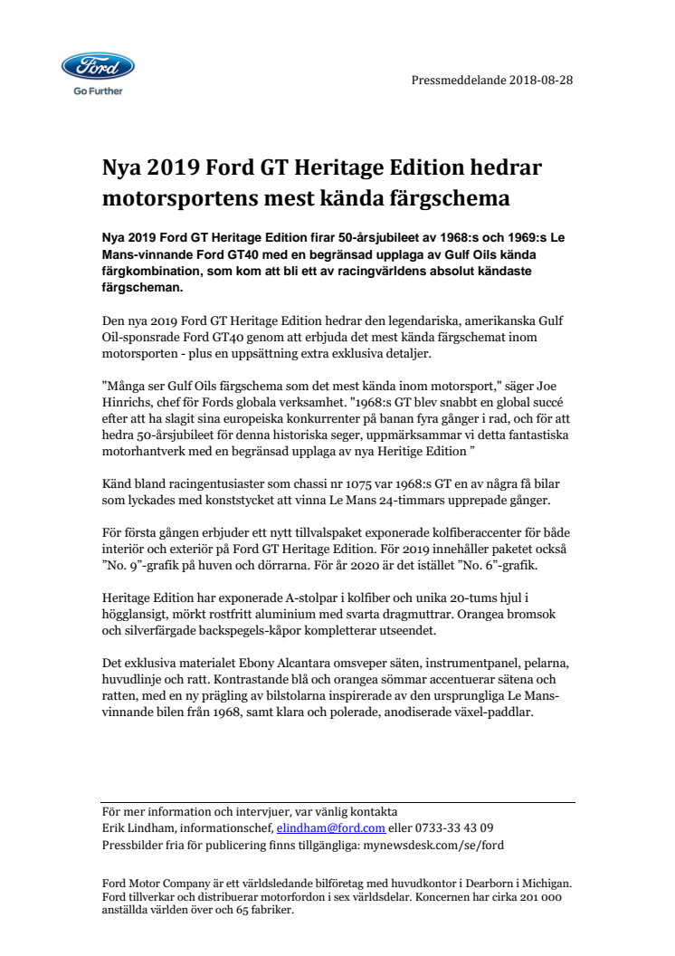 Nya 2019 Ford GT Heritage Edition hedrar motorsportens mest kända färgschema