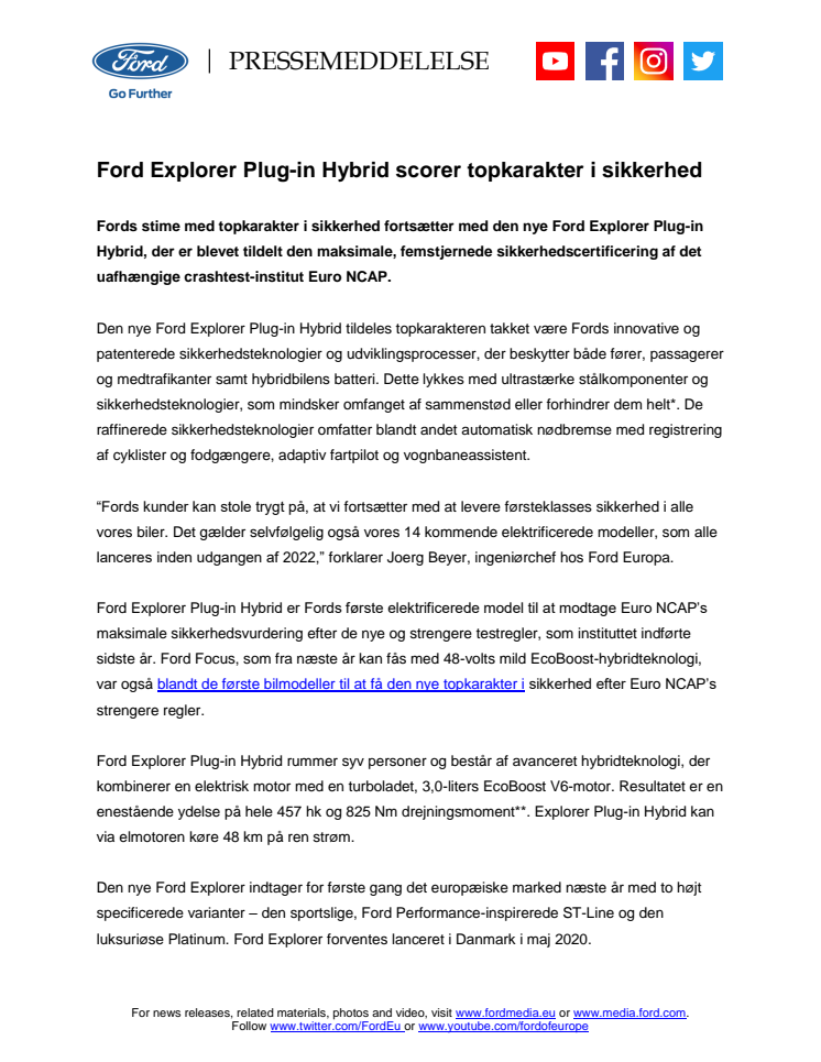 Ford Explorer Plug-in Hybrid scorer topkarakter i sikkerhed