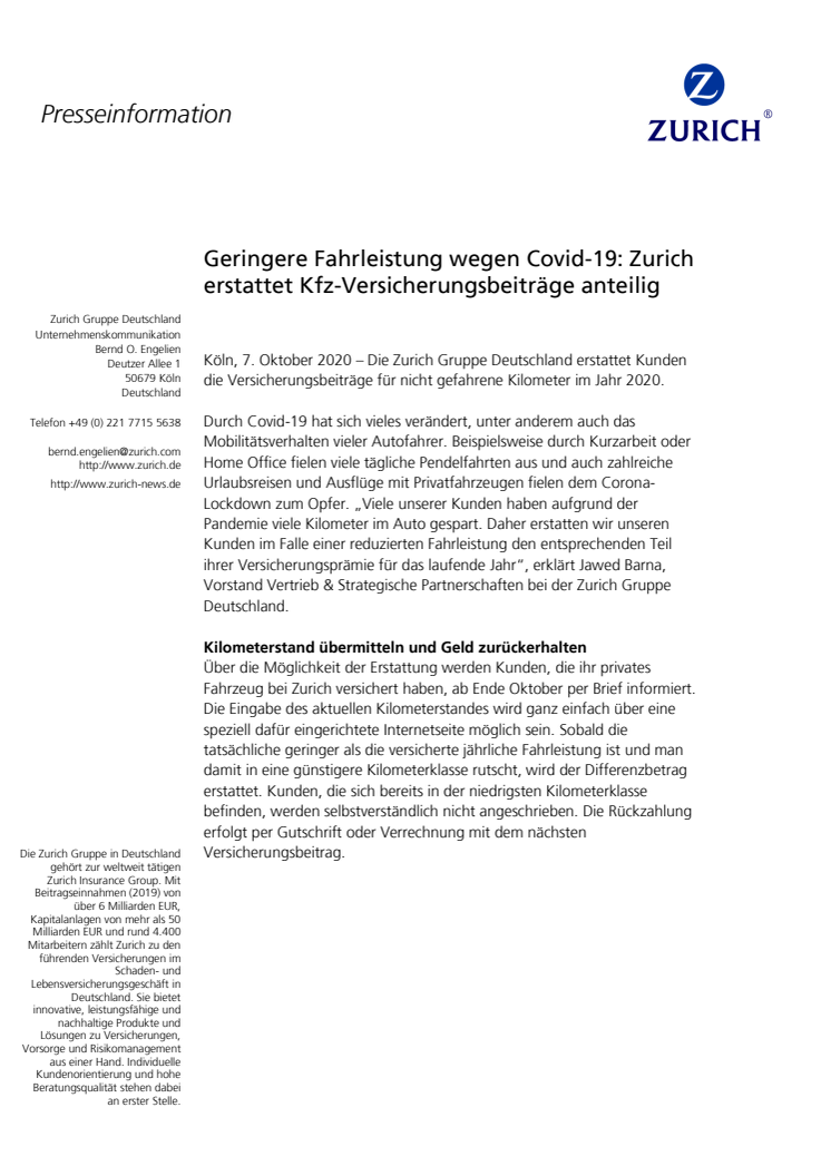   Geringere Fahrleistung wegen Covid-19: Zurich erstattet Kfz-Versicherungsbeiträge anteilig
