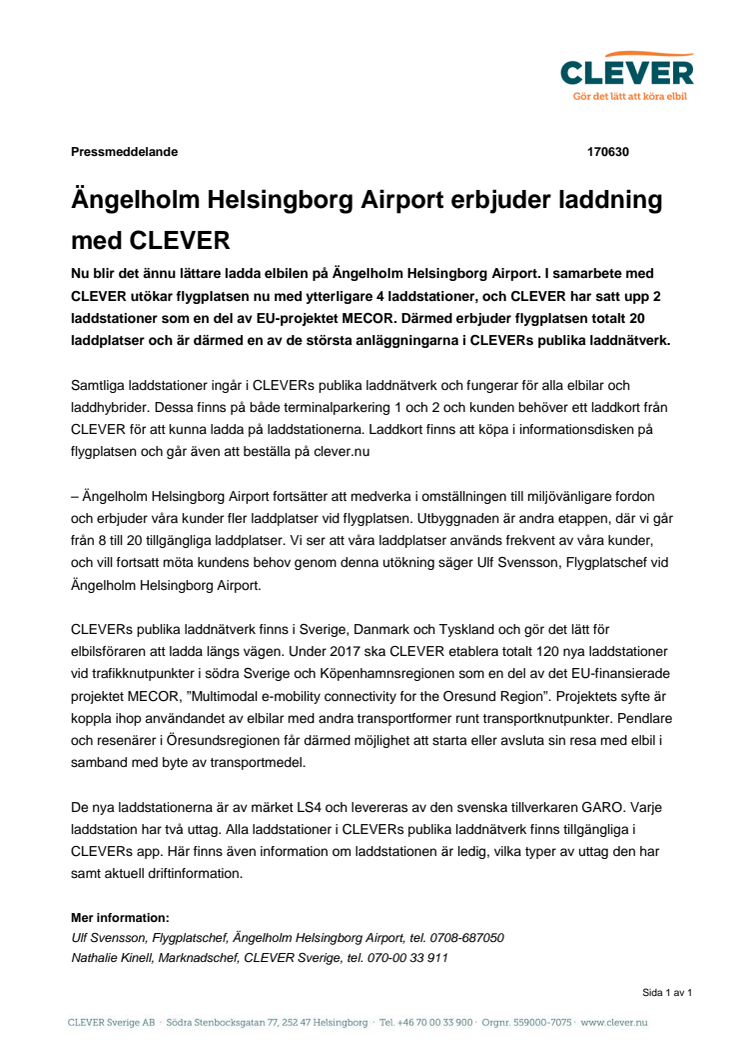 Ängelholm Helsingborg Airport erbjuder laddning med CLEVER