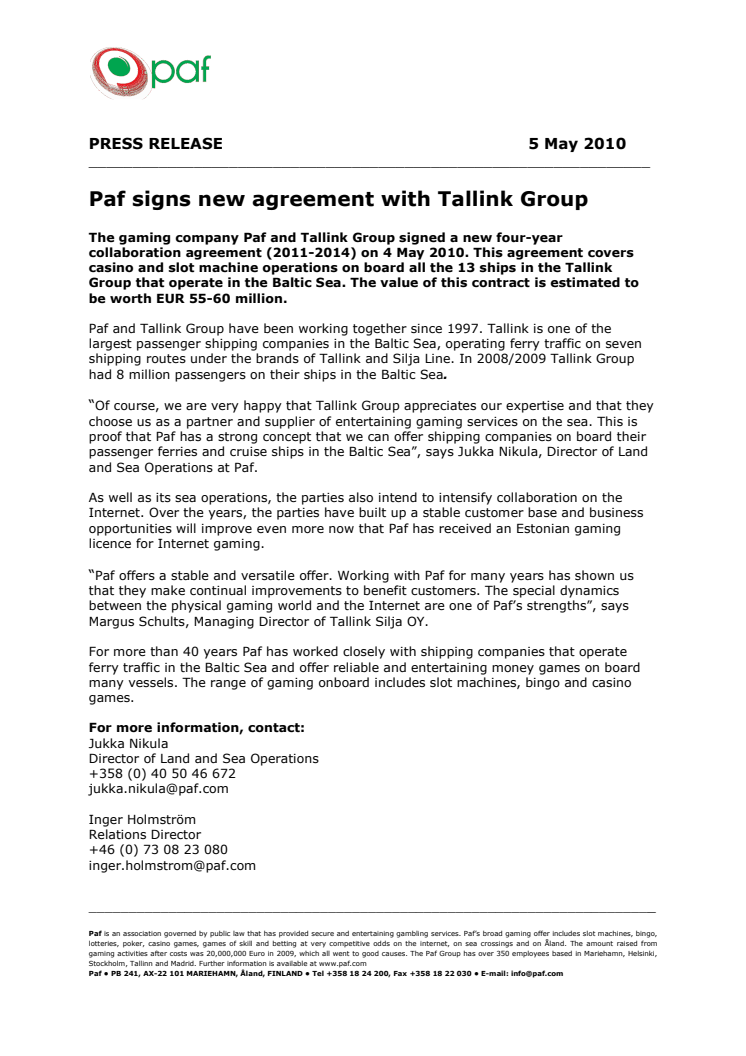 Paf signs new agreement with Tallink Group