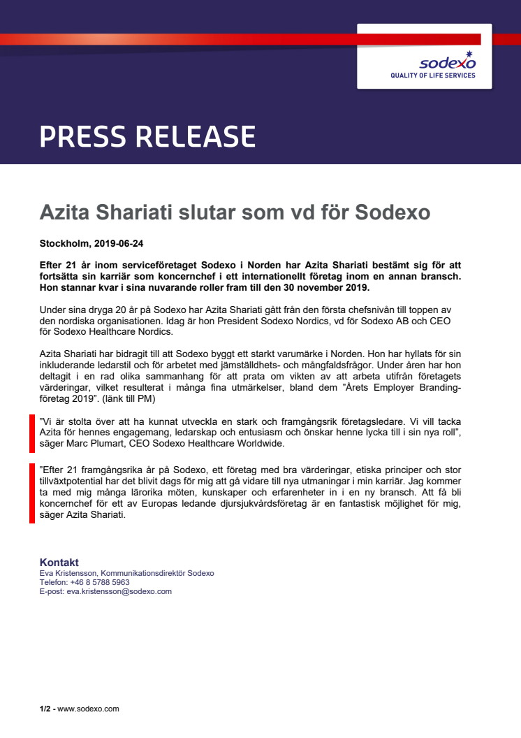 Azita Shariati slutar som vd för Sodexo