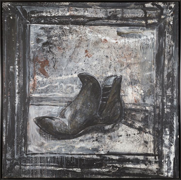 Arvid Pettersen: The Evidential Boot of the Dead Pusher, 1985, Akryl på lerret, 200 x 200 cm Oslo Kommunes kunstsamling.