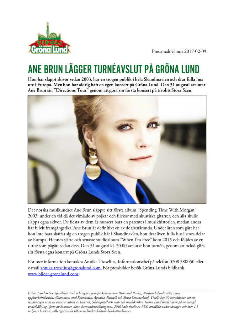 Ane Brun lägger turnéavslut på Gröna Lund