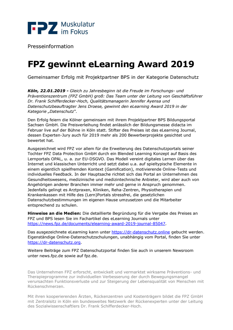 FPZ gewinnt eLearning Award 2019 - Gemeinsamer Erfolg mit Projektpartner BPS in der Kategorie Datenschutz