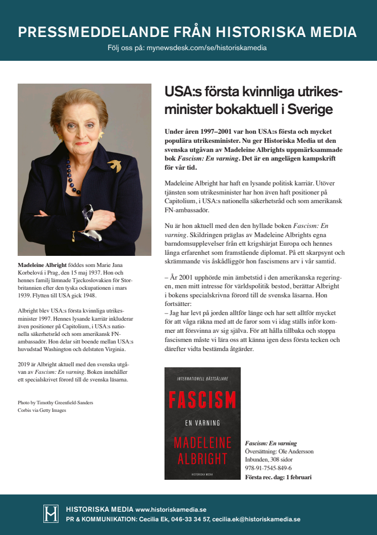 USA:s första kvinnliga utrikesminister bokaktuell i Sverige