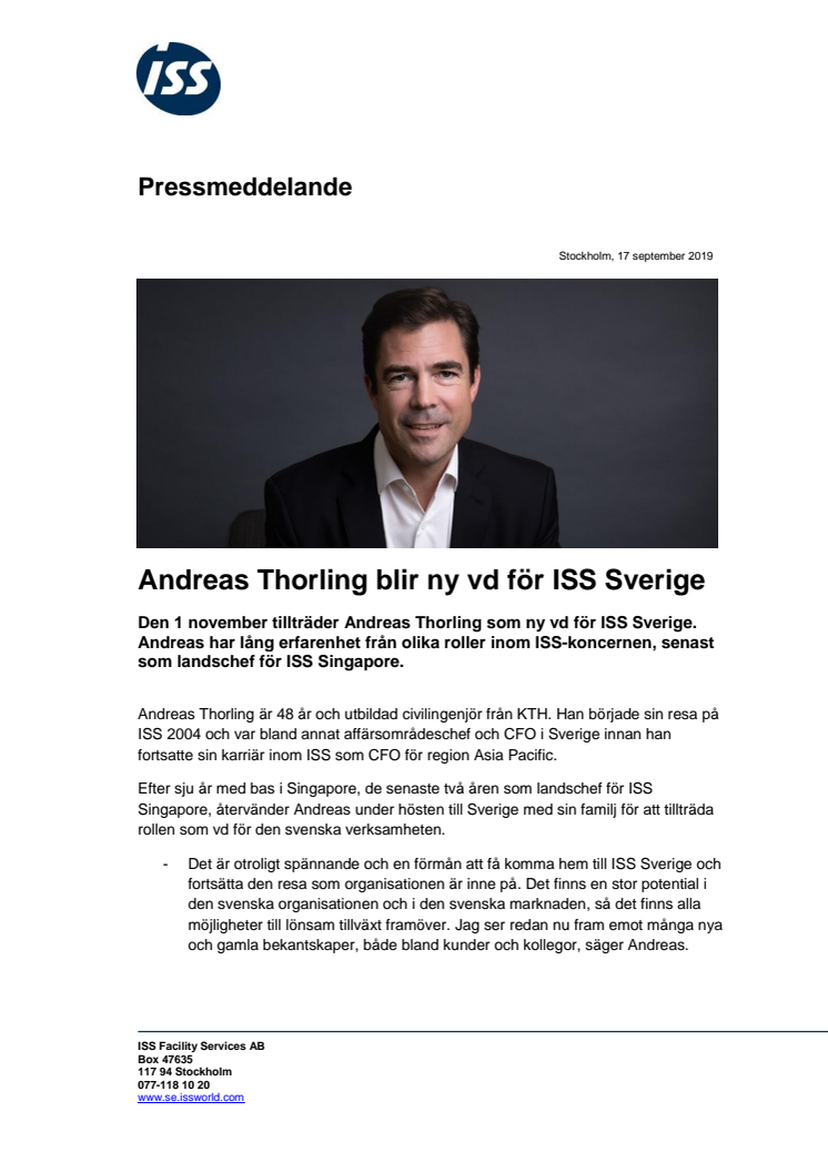 Andreas Thorling blir ny vd för ISS Sverige