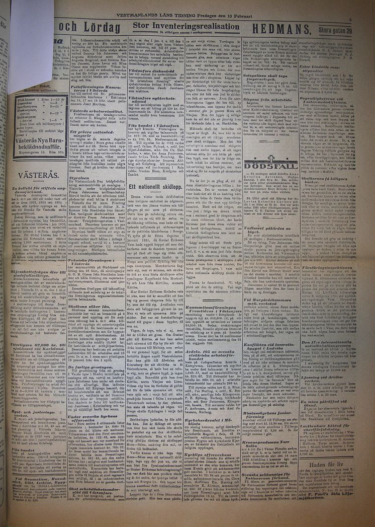 Anders Pers artikel Ett nationellt skidlopp Vestmanlands Läns Tidning 1922_02_10