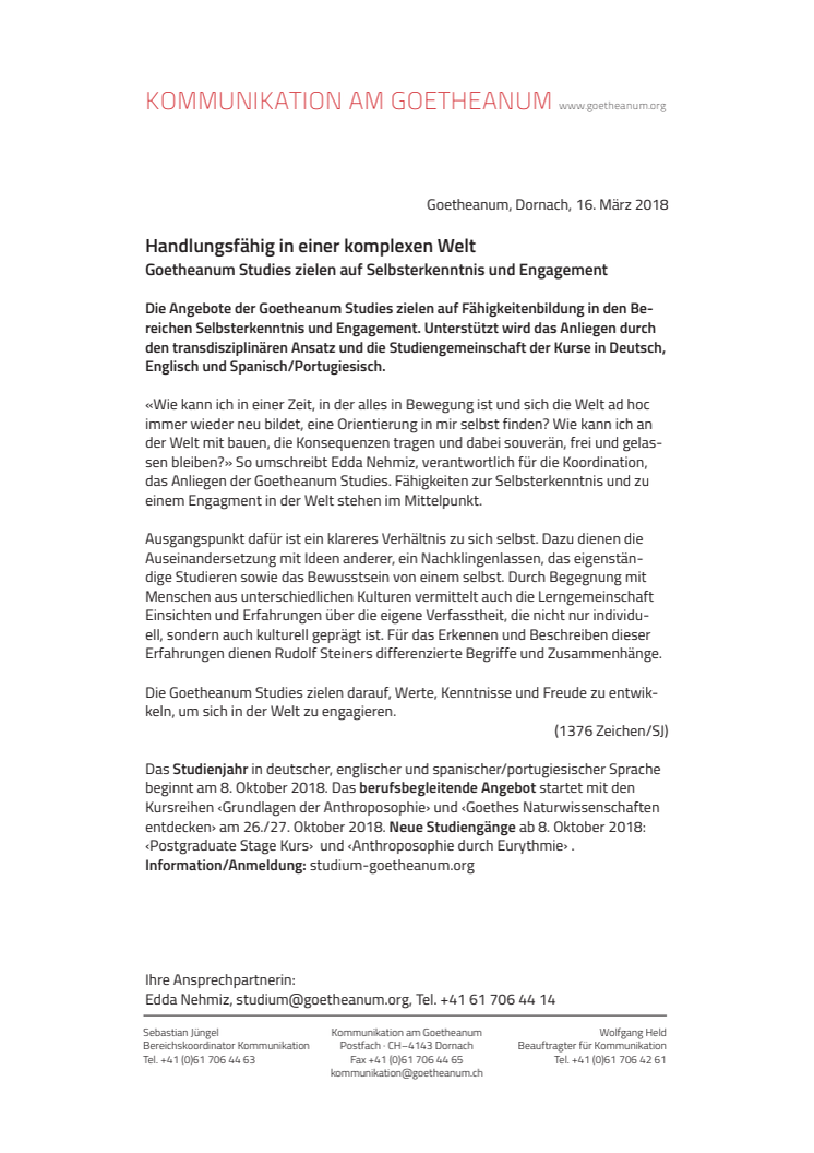 Handlungsfähig in einer komplexen Welt. ​Goetheanum Studies zielen auf Selbsterkenntnis und Engagement