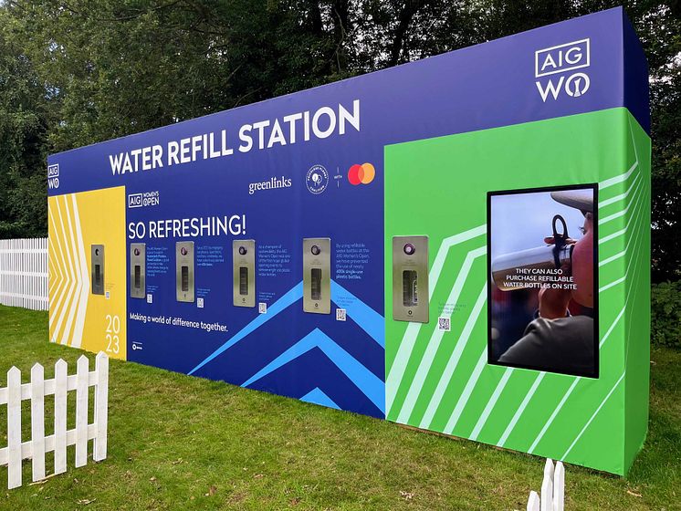 The Bluewater 'Wall of Water' with digital signage screen and five bottle refill dispensers at the 2023 AIG Women's Open, Walton Heath, Surrey, England