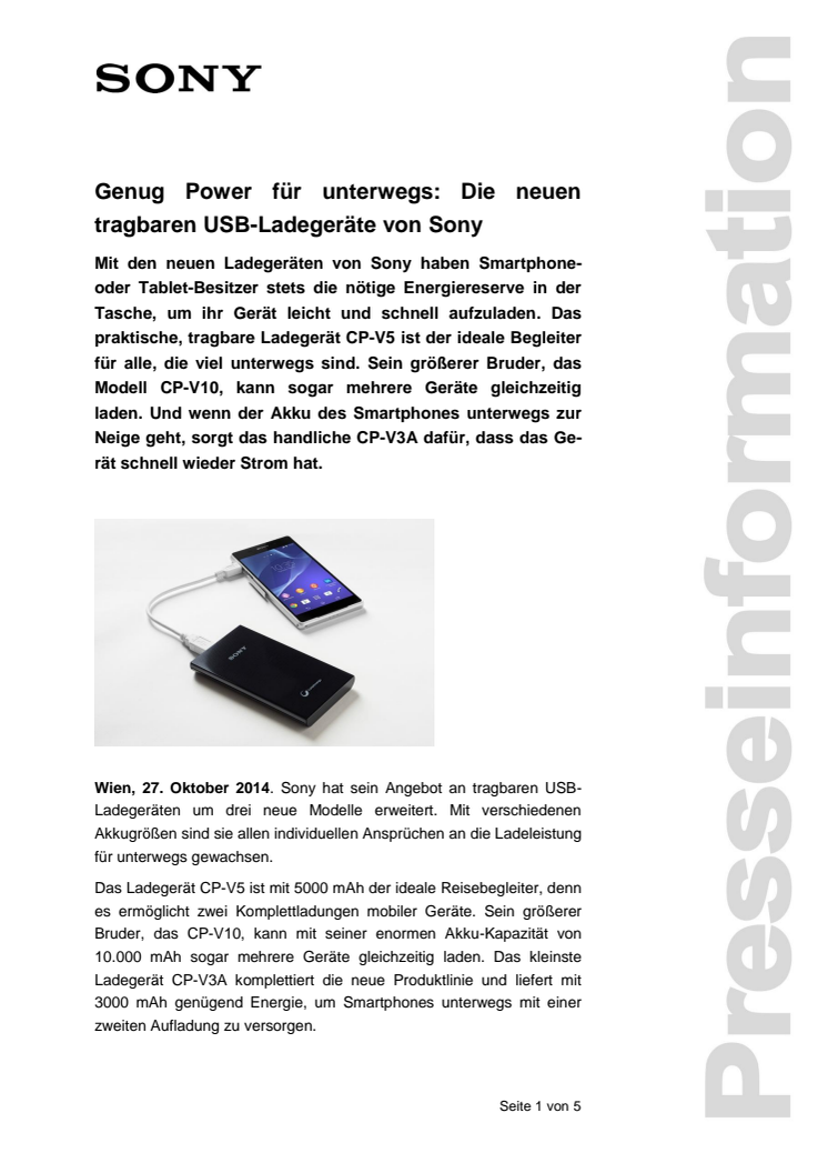 Pressemitteilung "Genug Power für unterwegs": Die neuen tragbaren USB-Ladegeräte von Sony