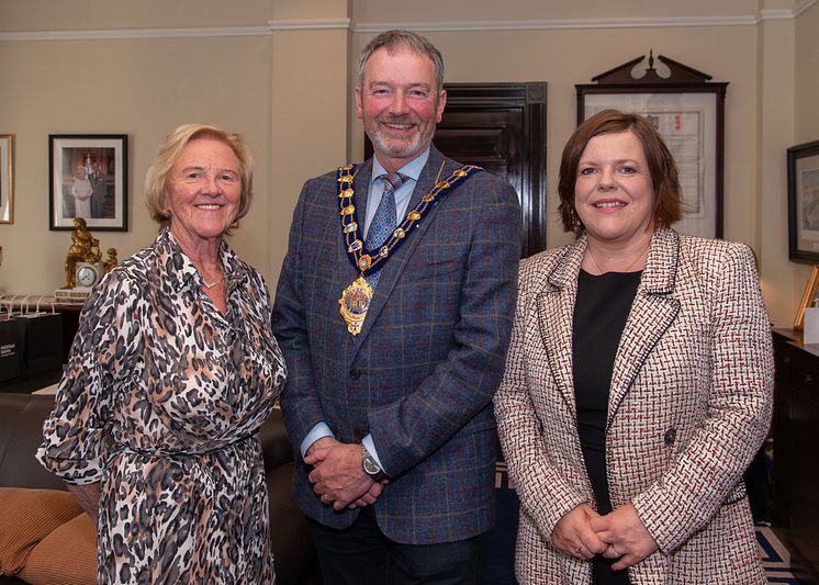 Alderman Audrey Wales MBE (Vice Chair MEA Local Action Group), Mayor Cllr William McCaughey, Kelli McRoberts (Chairperson MEA Local Action Group)