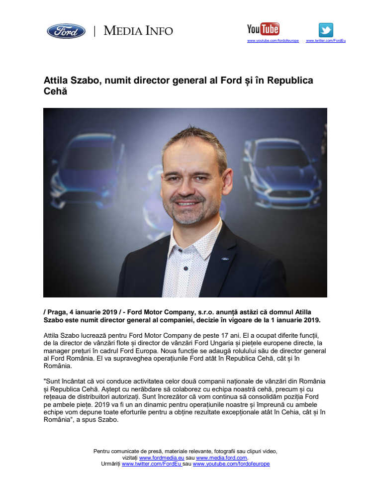 Attila Szabo, numit director general al Ford și în Republica Cehă