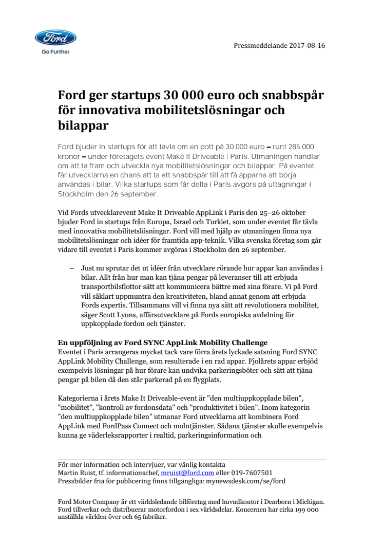 Ford ger startups 30 000 euro och snabbspår för innovativa mobilitetslösningar och bilappar