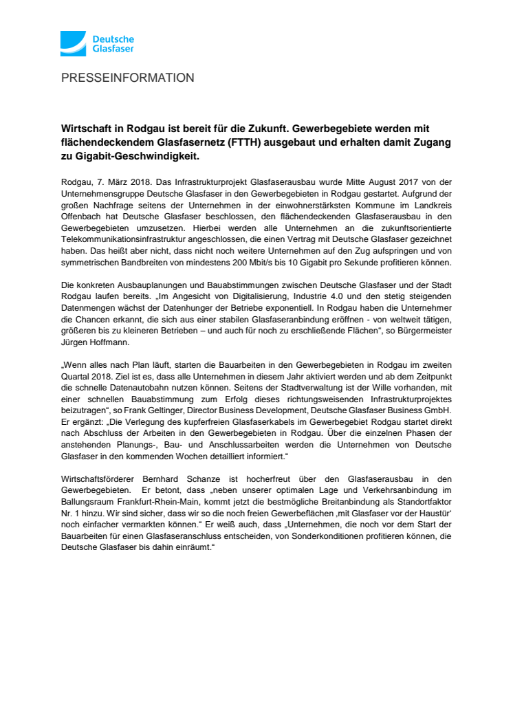 Gewerbegebiete in Rodgau bekommen flächendeckendes Glasfasernetz (FTTH) 
