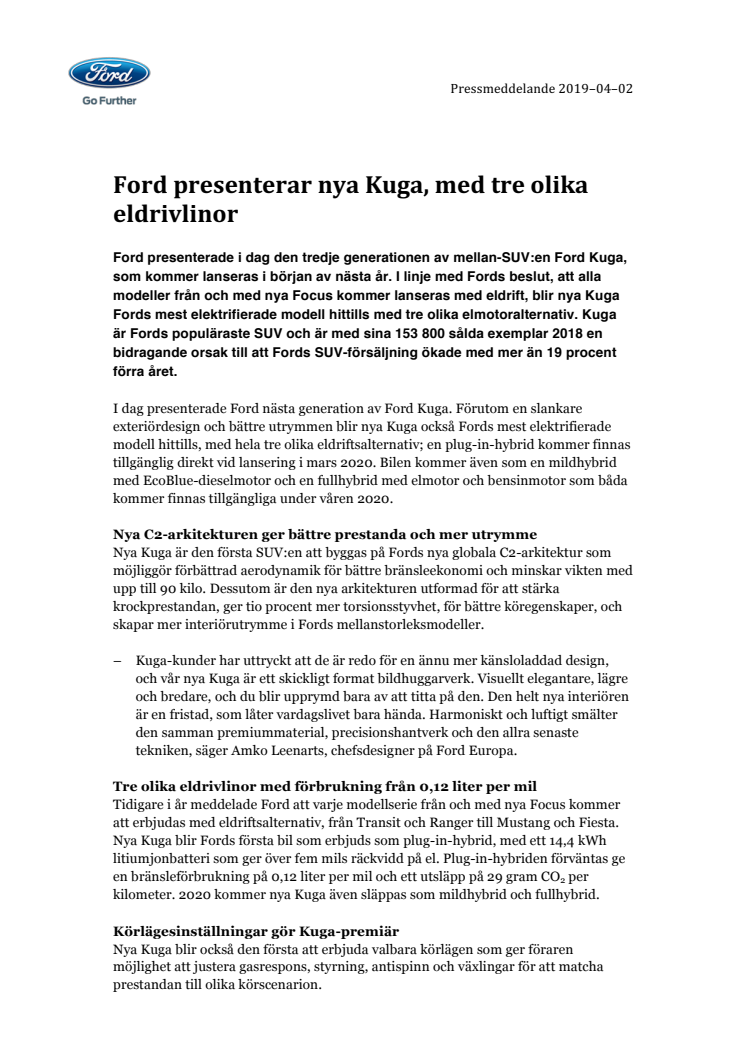 Ford presenterar nya Kuga, med tre olika eldrivlinor