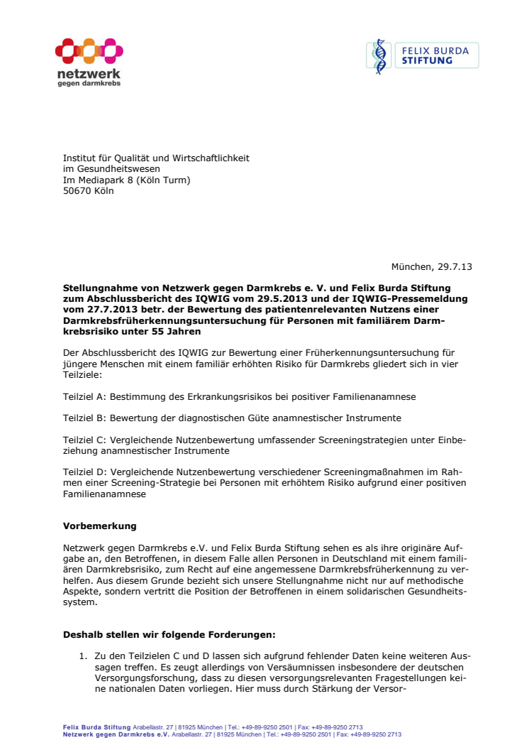 Stellungnahme der Felix Burda Stiftung und des Netzwerk gegen Darmkrebs zum Abschlussbericht des IQWiG vom 29.5.2013