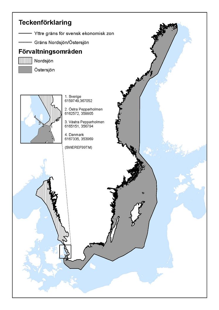 Översikt av de svenska förvaltningsområden i Nordsjön och Östersjön