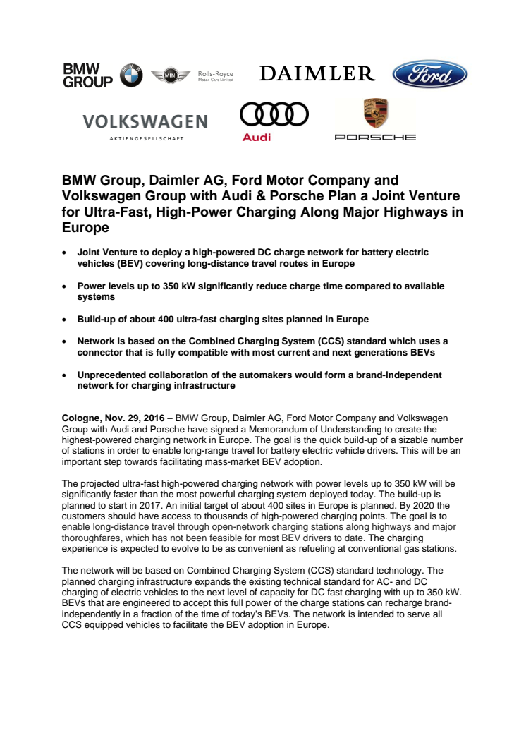 BMW Group, Daimler AG, Ford Motor Company and Volkswagen Group with Audi & Porsche Plan a Joint Venture for Ultra-Fast, High-Power Charging Along Major Highways in Europe