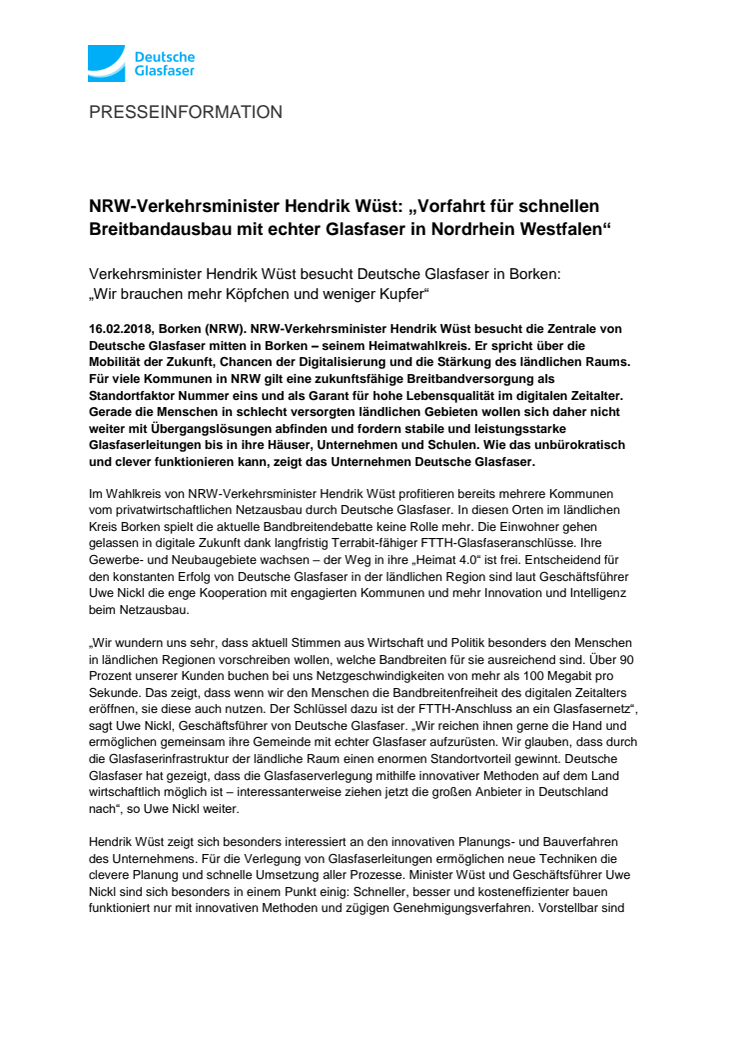 NRW-Verkehrsminister Hendrik Wüst: „Vorfahrt für schnellen Breitbandausbau mit echter Glasfaser in Nordrhein Westfalen“