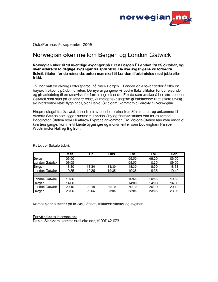 Norwegian øker mellom Bergen og London Gatwick