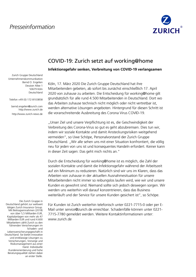 COVID-19: Zurich setzt auf working@home