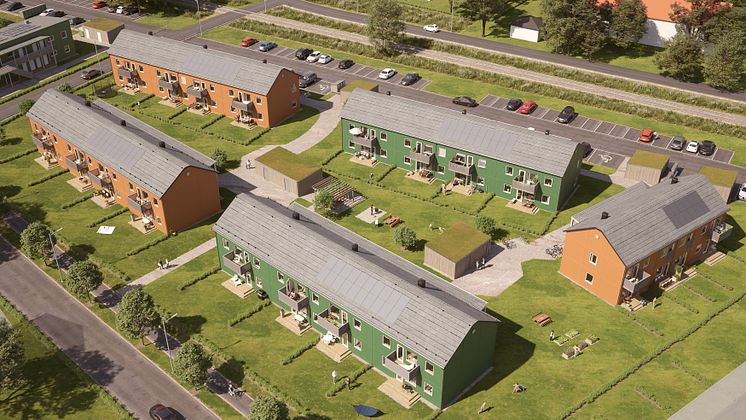 Illustration av de kommande lägenheterna i BoKlok Ryttaren, södra Gunsta, Uppsala. 