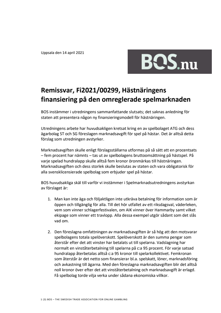BOS remissvar på Spelmarknadsutredningens delbetänkande ”Hästnäringens finansiering på den omreglerade spelmarknaden”.pdf