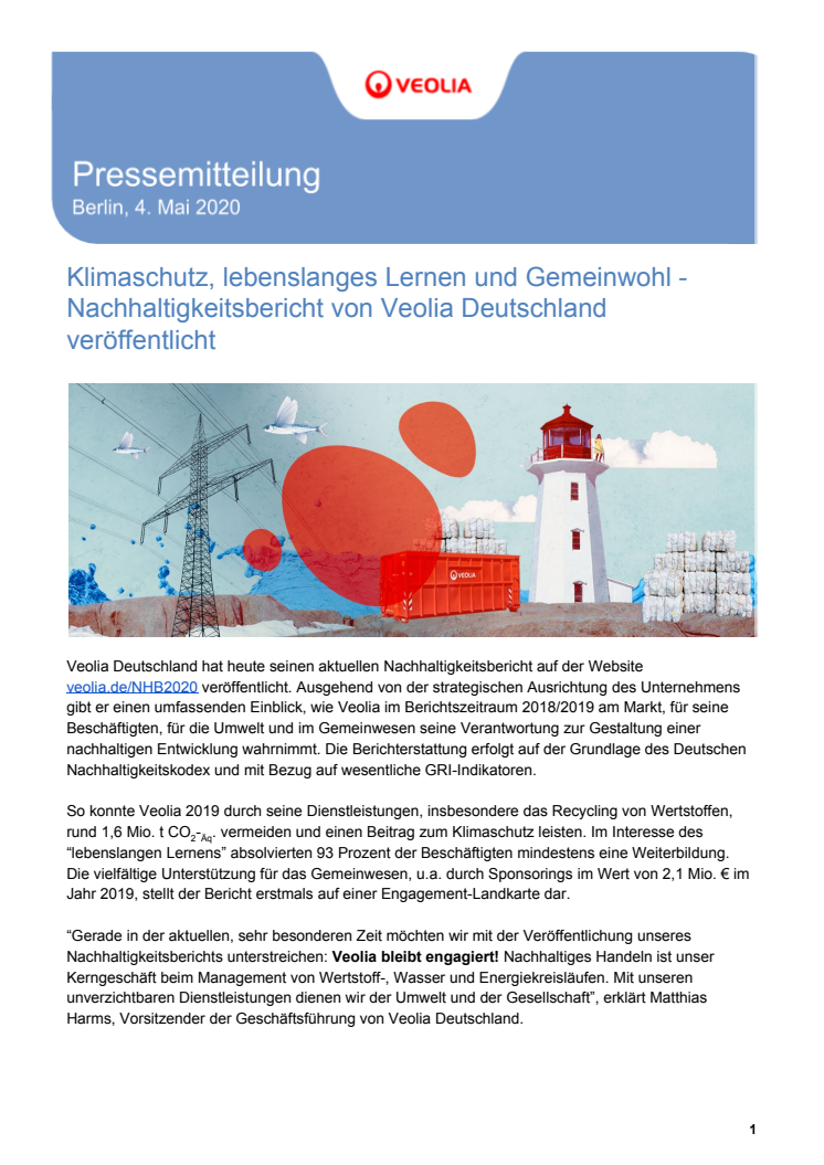 Klimaschutz, lebenslanges Lernen und Gemeinwohl - Nachhaltigkeitsbericht von Veolia Deutschland veröffentlicht