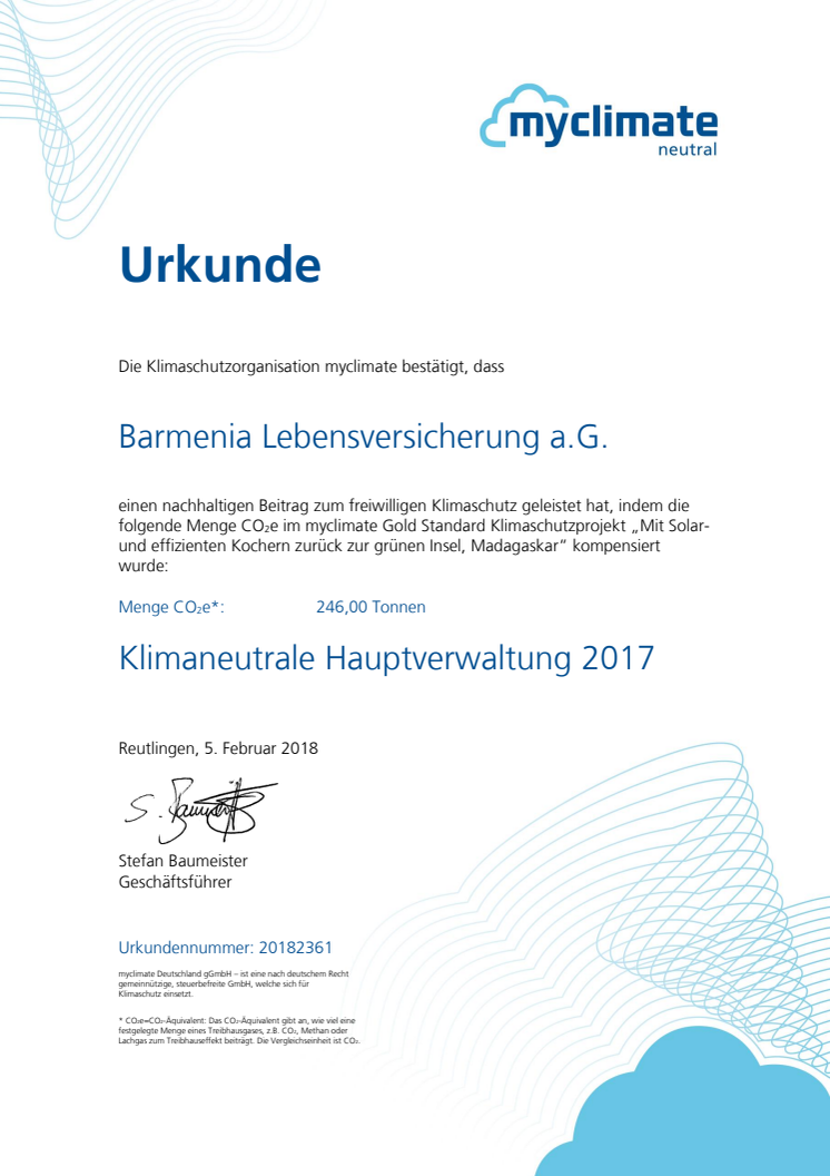 Barmenia-Urkunde von myclimate "Kompensationshöhe und Klimaneutralität"