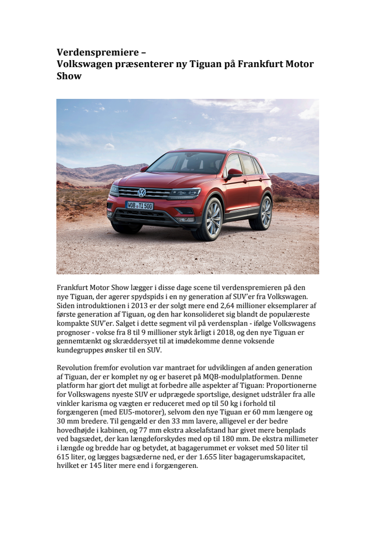 ​Verdenspremiere – Volkswagen præsenterer ny Tiguan på Frankfurt Motor Show