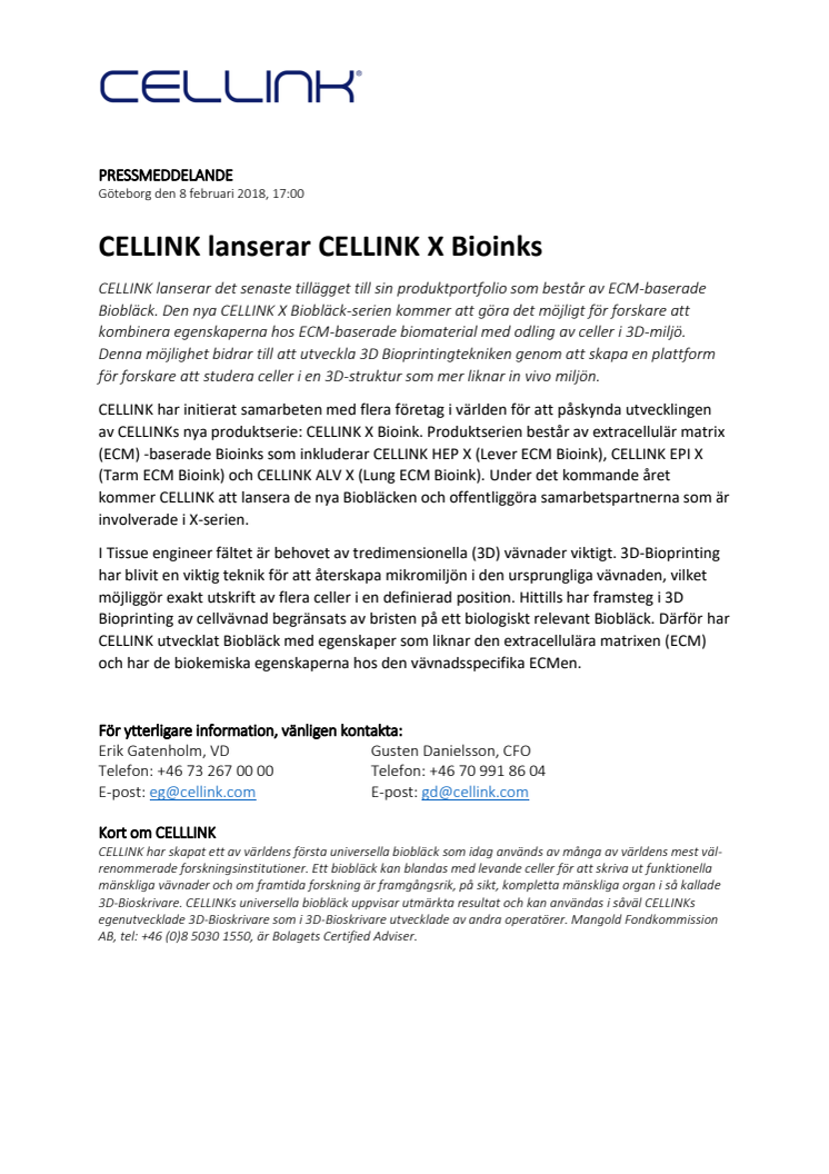 CELLINK lanserar CELLINK X Bioinks